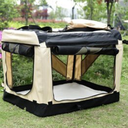Large Foldable Travel Pet Carrier Bag with Pockets in Beige petclothesfactory.com