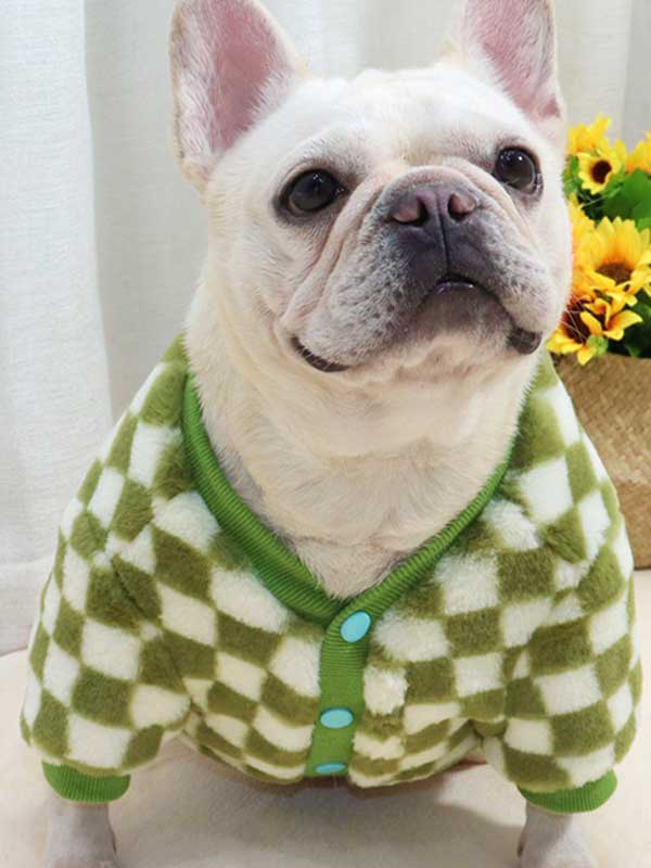 GMTPET Green and white checkerboard fat dog bulldog pug dog French fighting winter clothes plus velvet thick cardigan plush sweater 107-222039 Dog Clothes: Shirts, Sweaters & Jackets Apparel 107-222039
